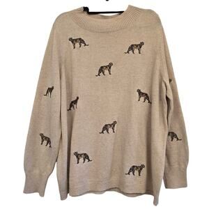 Chico’s 3 XL Beige Embroidered Cheetah Sweater Crewneck CozyLayering AnimalPrint